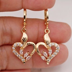 18K Gold Filled Hollow Heart Fox Eye Shape Circle Zircon Bead Dangling Earrings